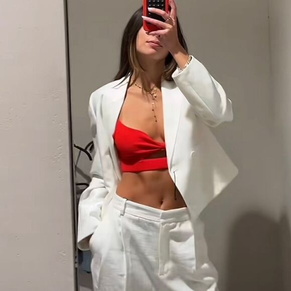 NWT ZARA WOMAN COLLECTION Cropped blazer made with 25% linen WHITE - Picture 13 of 16